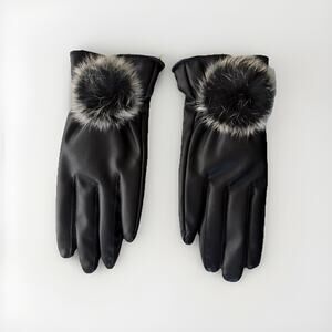 NIB Faux BlackLeather Gloves Faux Fur Pom Detail Mob Wife Aesthetic Women Size M